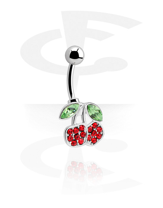 Curved Barbells, Belly button ring (surgical steel, silver, shiny finish) with cherry design and crystal stones, Surgical Steel 316L
