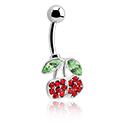 Bøyde barbeller, Navlering (kirurgisk stål, sølv, skinnende finish) med kirsebærdesign og krystallsteiner, Kirurgisk stål 316L