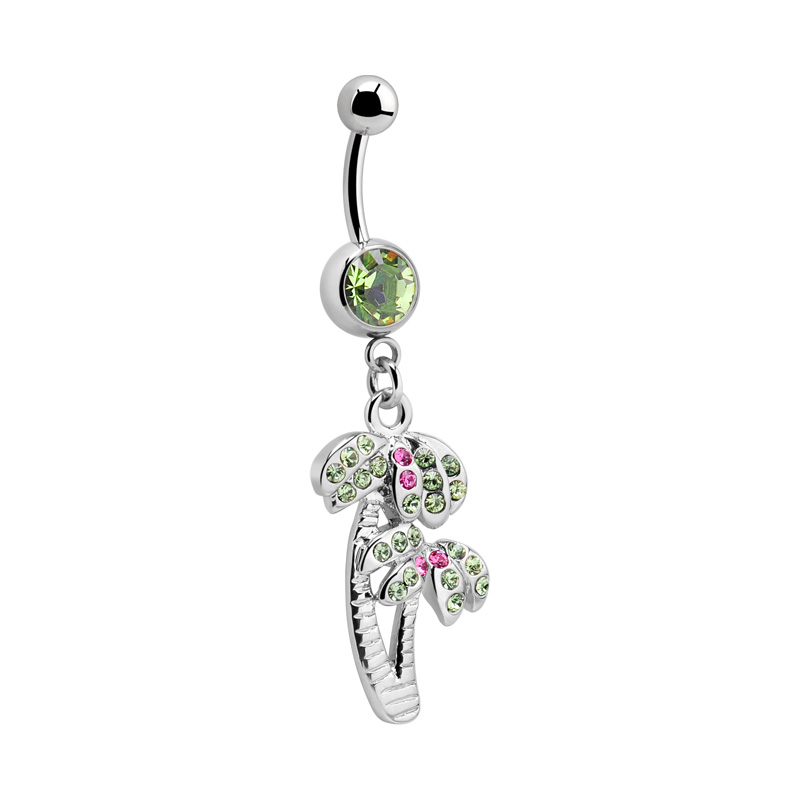 Piercing pour le nombril (acier chirurgical, argent, finition brillante) avec pendentif palmier et pierres en cristal Acier chirurgical 316L Bananes