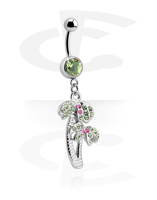 Curved Barbells, Belly button ring (surgical steel, silver, shiny finish) with palm tree charm and crystal stones, Surgical Steel 316L