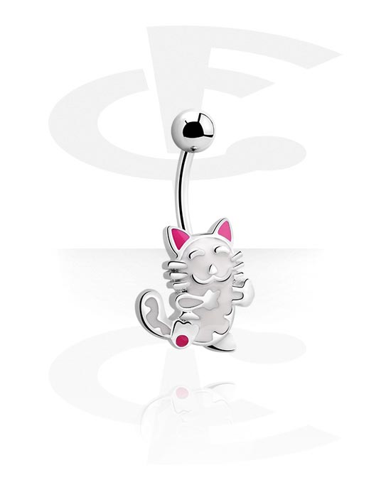 Curved Barbells, Belly button ring (surgical steel, silver, shiny finish) with cat design, Surgical Steel 316L