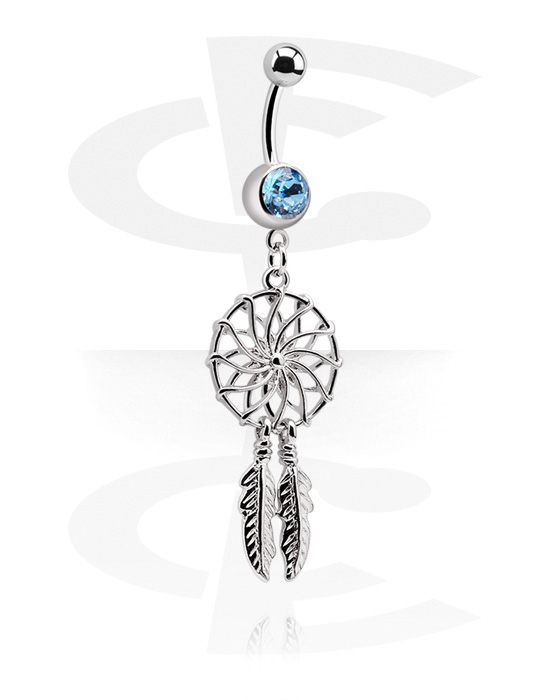 Curved Barbells, Belly button ring (surgical steel, silver, shiny finish) with dreamcatcher charm and crystal stone, Surgical Steel 316L