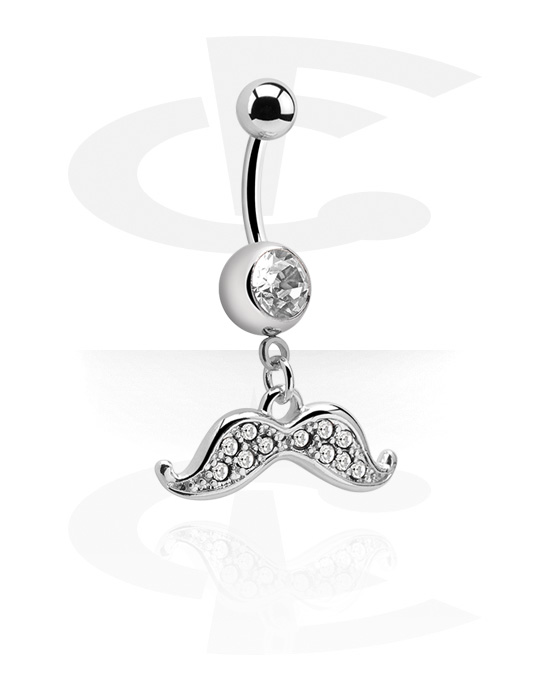 Curved Barbells, Belly button ring (surgical steel, silver, shiny finish) with mustache charm and crystal stones, Surgical Steel 316L