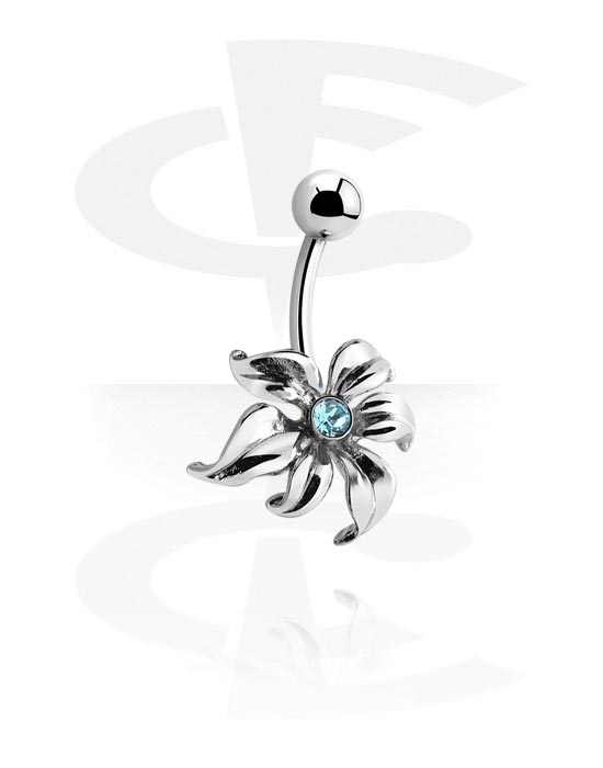 Curved Barbells, Belly button ring (surgical steel, silver, shiny finish) with flower attachment and crystal stone, Surgical Steel 316L