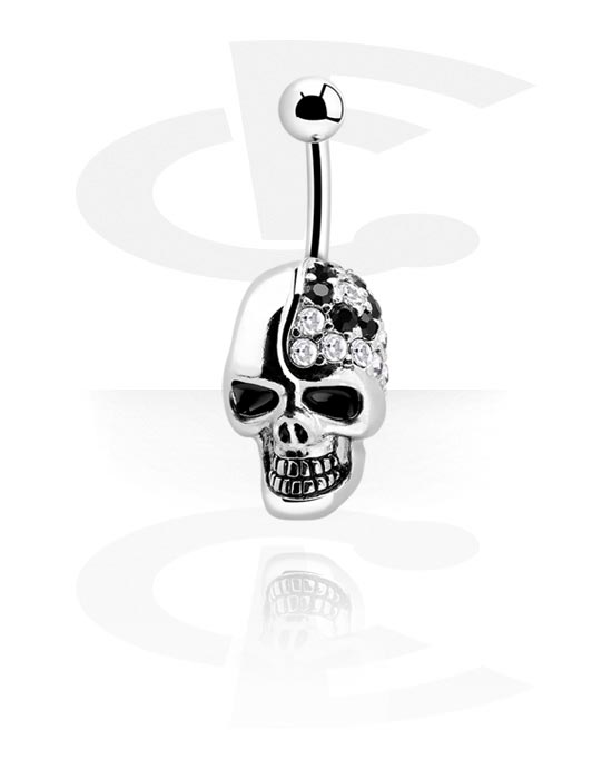 Curved Barbells, Belly button ring (surgical steel, silver, shiny finish) with skull design and crystal stones, Surgical Steel 316L