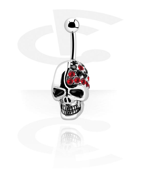 Curved Barbells, Belly button ring (surgical steel, silver, shiny finish) with skull design and crystal stones, Surgical Steel 316L
