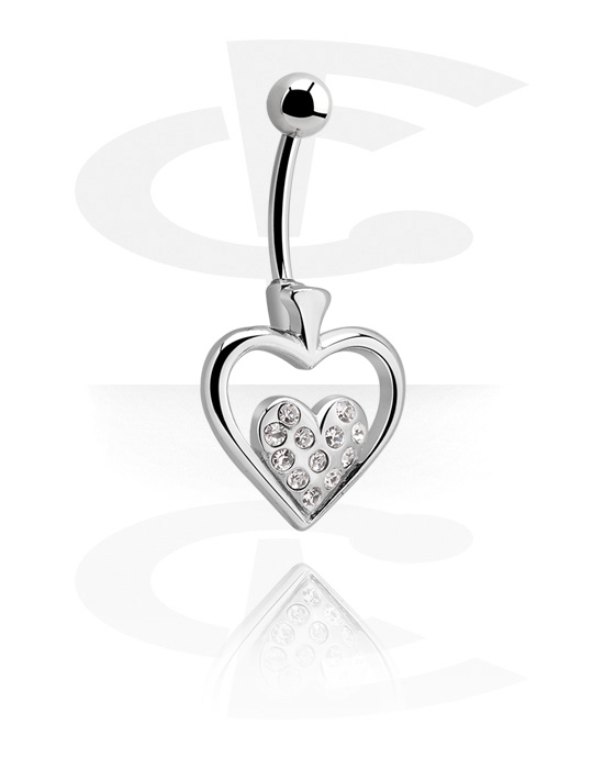 Zaobljene šipkice, Prsten za pupak (kirurški čelik, srebrna, sjajna završna obrada) s dizajnom srca i kristalnim kamenjem, Kirurški čelik 316L