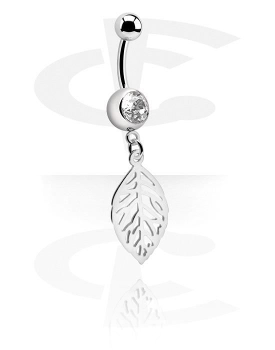 Curved Barbells, Belly button ring (surgical steel, silver, shiny finish) with leaf pendant and crystal stone, Surgical Steel 316L