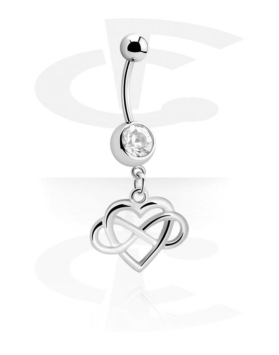 Curved Barbells, Belly button ring (surgical steel, silver, shiny finish) with heart charm and crystal stone, Surgical Steel 316L