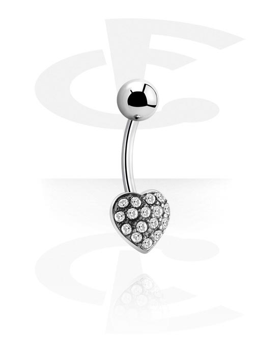 Zaobljene šipkice, Prsten za pupak (kirurški čelik, srebrna, sjajna završna obrada) s dodatkom sa srcem i kristalnim kamenjem, Kirurški čelik 316L