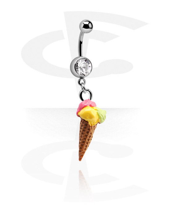 Curved Barbells, Belly button ring (surgical steel, silver, shiny finish) with Ice cream cone and crystal stone, Surgical Steel 316L
