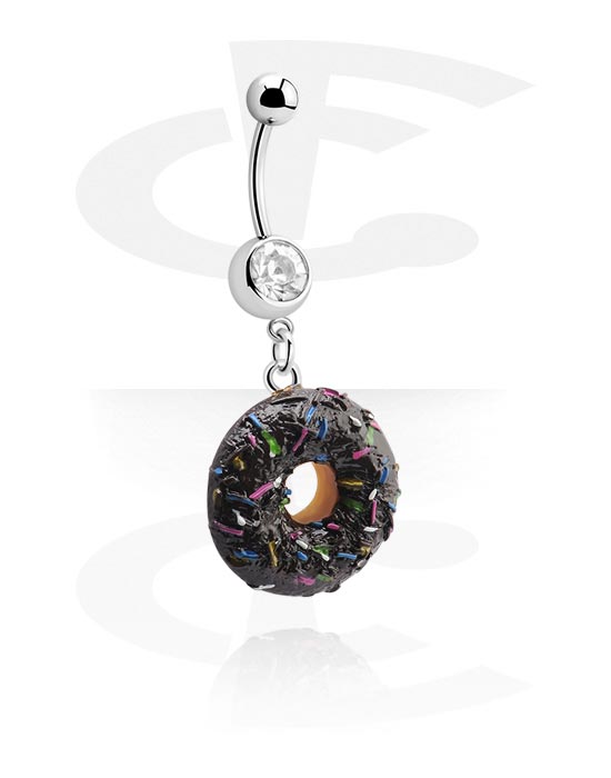 Curved Barbells, Belly button ring (surgical steel, silver, shiny finish) with donut charm and crystal stone, Surgical Steel 316L