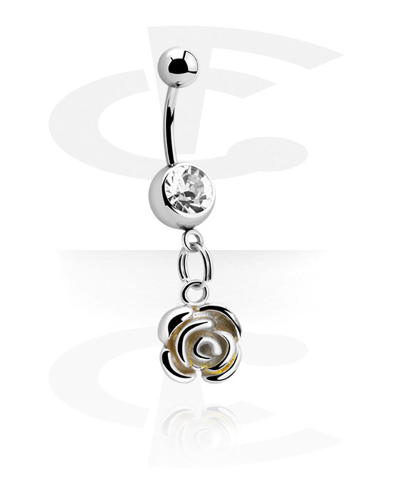 Curved Barbells, Belly button ring (surgical steel, silver, shiny finish) with rose design and crystal stone, Surgical Steel 316L