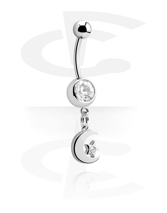 Curved Barbells, Belly button ring (surgical steel, silver, shiny finish) with half moon charm and crystal stones, Surgical Steel 316L
