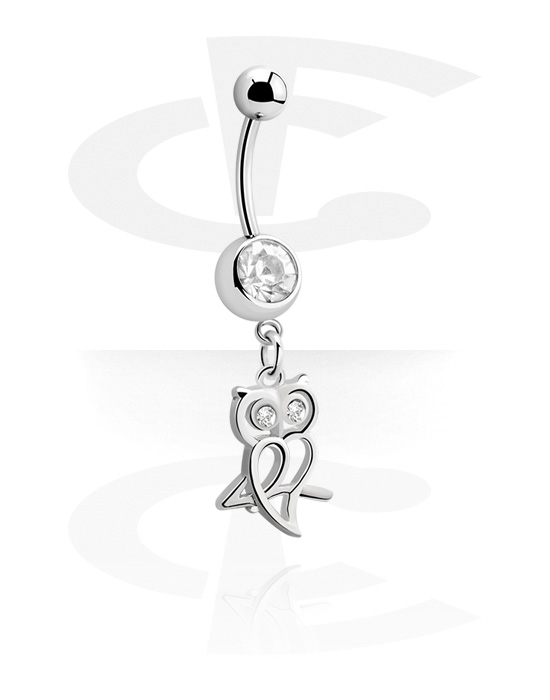 Curved Barbells, Belly button ring (surgical steel, silver, shiny finish) with owl charm and crystal stones, Surgical Steel 316L
