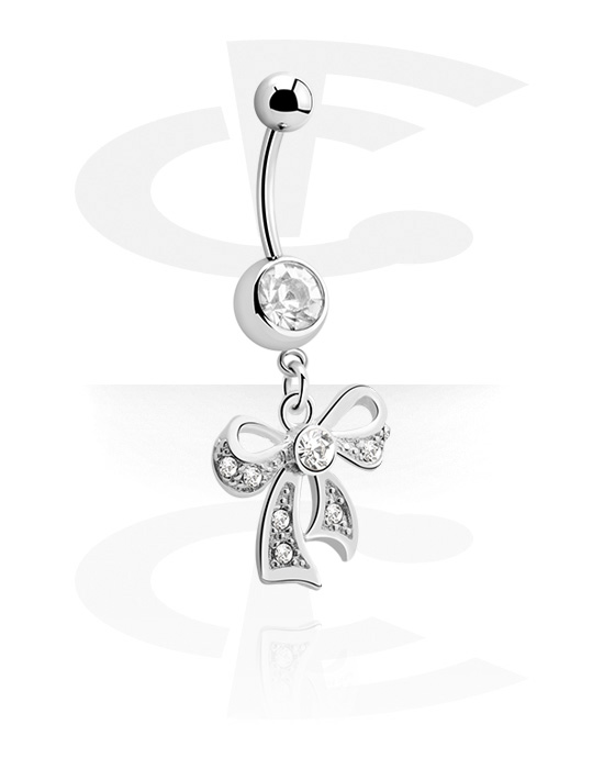 Curved Barbells, Belly button ring (surgical steel, silver, shiny finish) with bow charm and crystal stones, Surgical Steel 316L, Plated Brass