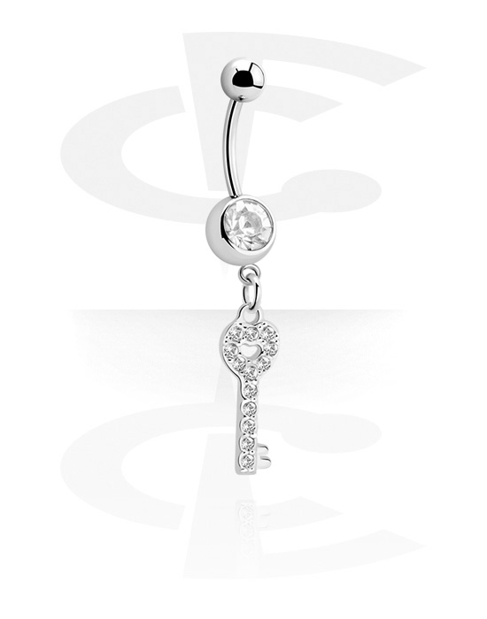 Curved Barbells, Belly button ring (surgical steel, silver, shiny finish) with key charm and crystal stones, Surgical Steel 316L