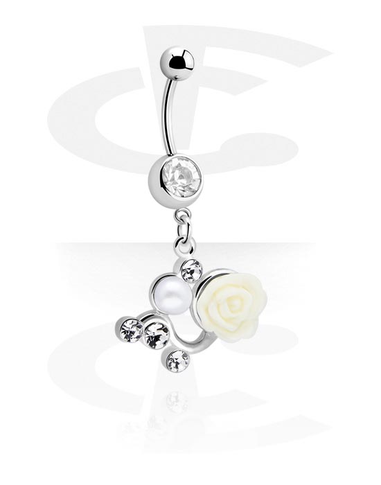 Curved Barbells, Belly button ring (surgical steel, silver, shiny finish) with rose design and crystal stones, Surgical Steel 316L