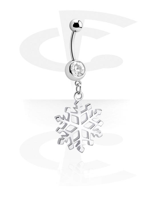 Curved Barbells, Belly button ring (surgical steel, silver, shiny finish) with snowflake charm and crystal stone, Surgical Steel 316L