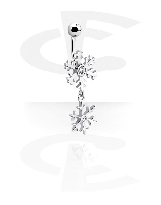 Buede stave, Navlering (kirurgisk stål, sølv, blank finish) med Snefnug-motiv og krystaller, Kirurgisk stål 316L