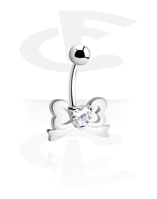 Zaobljene šipkice, Prsten za pupak (kirurški čelik, srebrna, sjajna završna obrada) s dizajnom mašne i kristalnim kamenom, Kirurški čelik 316L, Obloženi mesing