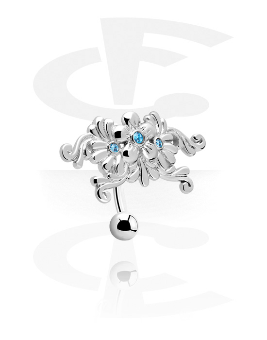 Curved Barbells, Belly button ring (surgical steel, silver, shiny finish) with flower design and crystal stones, Surgical Steel 316L, Plated Brass