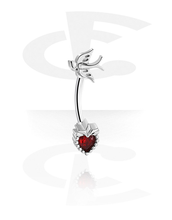 Curved Barbells, Belly button ring (surgical steel, silver, shiny finish) with crystal heart and bird design, Surgical Steel 316L ,  Plated Brass