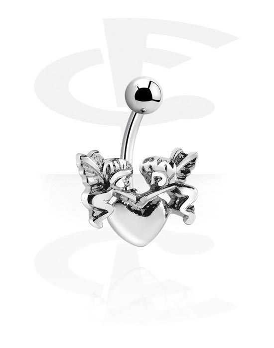 Zaobljene šipkice, Prsten za pupak (kirurški čelik, srebrna, sjajna završna obrada) s dodatkom sa srcem, Kirurški čelik 316L