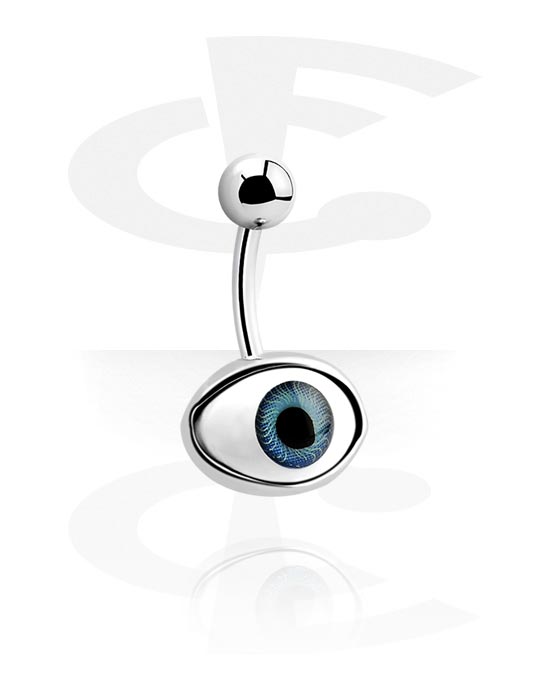 Zahnuté činky, Krúžok do pupku (chirurgická oceľ, strieborná, lesklý povrch) s dizajnom oko v rôznych farbách, Chirurgická oceľ 316L