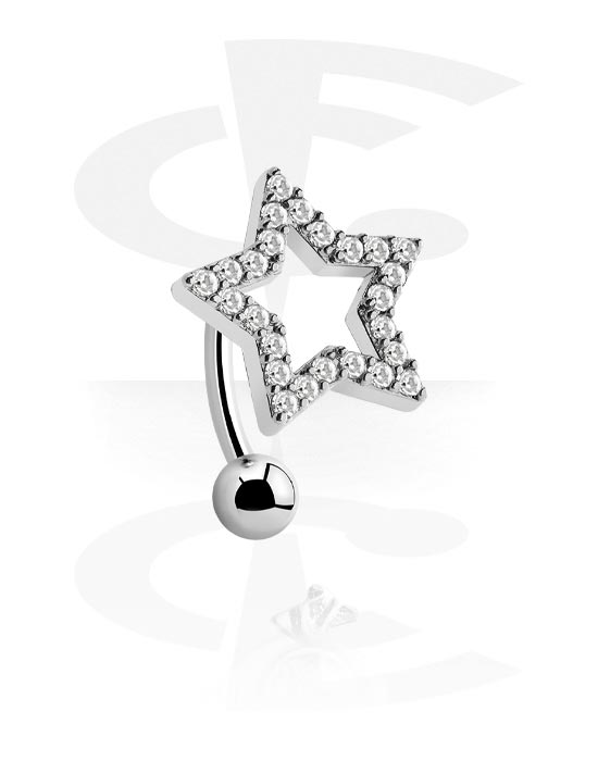 Curved Barbells, Belly button ring (surgical steel, silver, shiny finish) with star attachment and crystal stones, Surgical Steel 316L