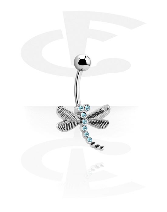 Curved Barbells, Belly button ring (surgical steel, silver, shiny finish) with dragonfly design and crystal stones, Surgical Steel 316L
