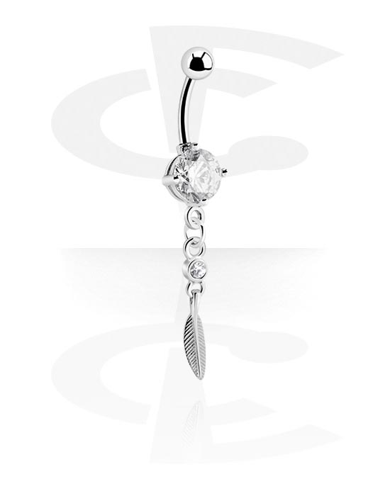Curved Barbells, Belly button ring (surgical steel, silver, shiny finish) with feather charm and crystal stones, Surgical Steel 316L, Plated Brass