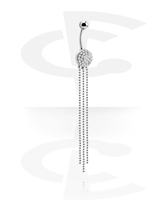 Buede stave, Navlering (kirurgisk stål, sølv, blank finish) med krystaller og kæde, Kirurgisk stål 316L