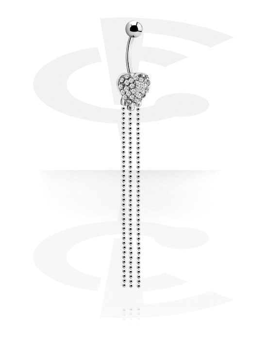 Zaobljene šipkice, Prsten za pupak (kirurški čelik, srebrna, sjajna završna obrada) s kristalnim kamenjem i lancem, Kirurški čelik 316L
