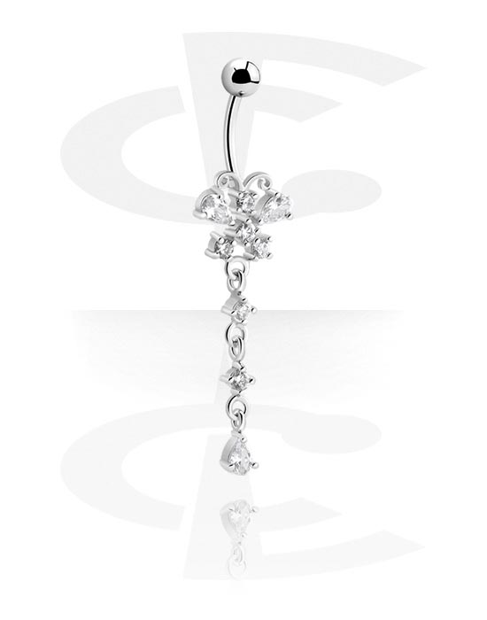 Curved Barbells, Belly button ring (surgical steel, silver, shiny finish) with charm and crystal stones, Surgical Steel 316L