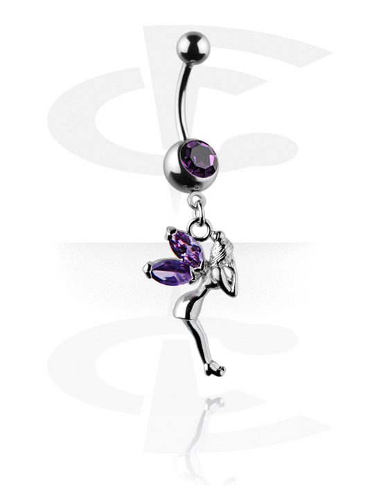 Curved Barbells, Belly button ring (surgical steel, silver, shiny finish) with fairy charm and crystal stones, Surgical Steel 316L