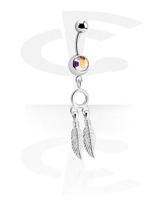Curved Barbells, Belly button ring (surgical steel, silver, shiny finish) with crystal stone and feather charm, Surgical Steel 316L, Plated Brass