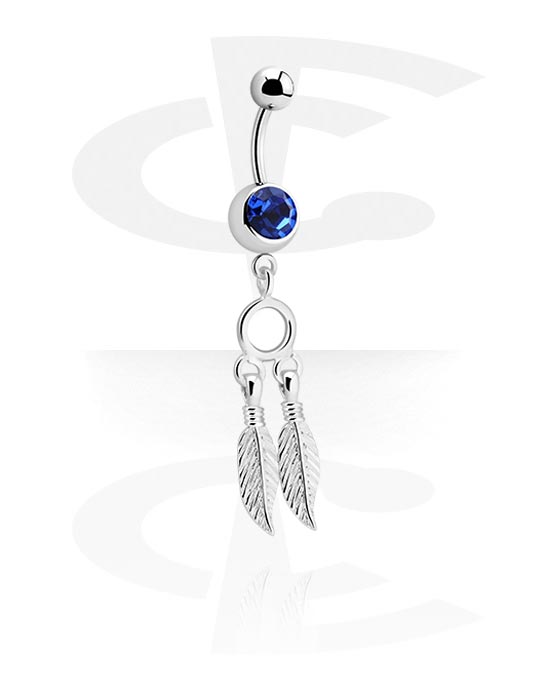 Curved Barbells, Belly button ring (surgical steel, silver, shiny finish) with crystal stone and feather charm, Surgical Steel 316L, Plated Brass