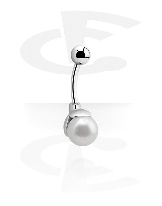 Curved Barbells, Belly button ring (surgical steel, silver, shiny finish) with imitation pearl, Surgical Steel 316L