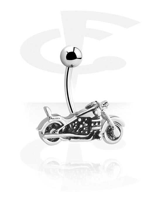 Curved Barbells, Belly button ring (surgical steel, silver, shiny finish) with motorbike attachment, Surgical Steel 316L