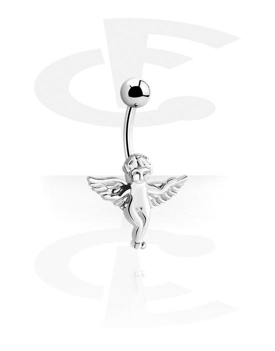 Zahnuté činky, Kroužek do pupíku (chirurgická ocel, stříbrná, lesklý povrch) s designem anděl, Chirurgická ocel 316L