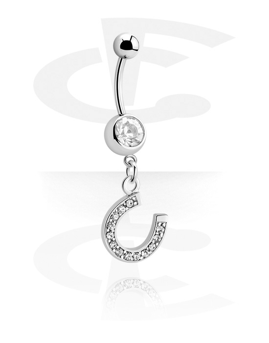 Curved Barbells, Belly button ring (surgical steel, silver, shiny finish) with horseshoe charm and crystal stones, Surgical Steel 316L