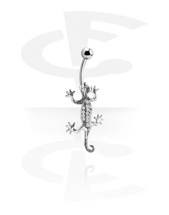 Buede stave, Navlering (kirurgisk stål, sølv, blank finish) med gekko og krystaller, Kirurgisk stål 316L