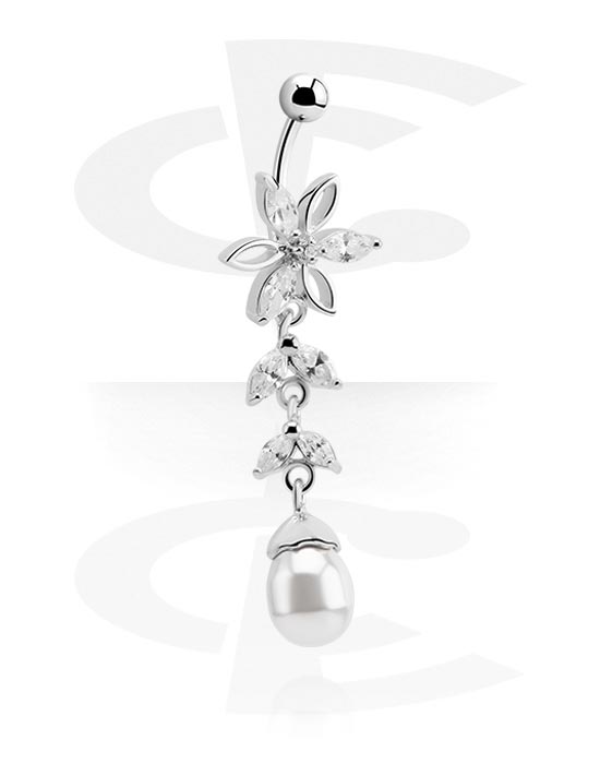Ívelt barbellek, Belly button ring (surgical steel, silver, shiny finish) val vel virág dísz, Sebészeti acél, 316L