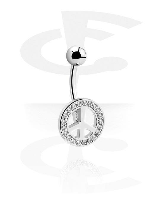 Curved Barbells, Belly button ring (surgical steel, silver, shiny finish) with peace symbol and crystal stones, Surgical Steel 316L