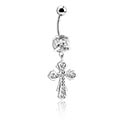 Bananas, Piercing para el ombligo (acero quirúrgico, plateado, acabado brillante) con colgante de cruz y brillantes, Acero quirúrgico 316L
