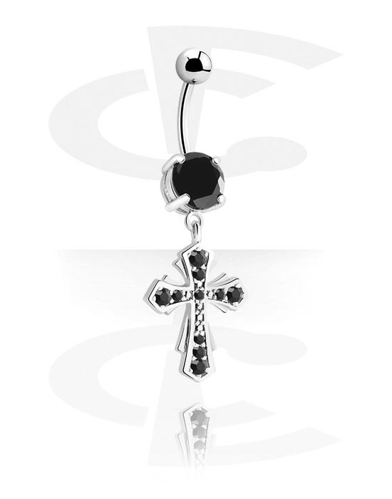 Curved Barbells, Belly button ring (surgical steel, silver, shiny finish) with cross charm and crystal stones, Surgical Steel 316L