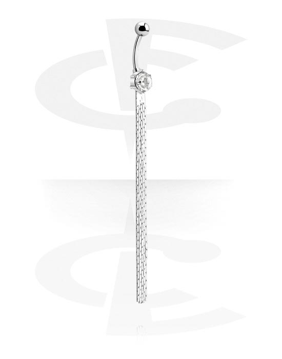 Zaobljene šipkice, Prsten za pupak (kirurški čelik, srebrna, sjajna završna obrada) s kristalnim kamenom i lancem, Kirurški čelik 316L