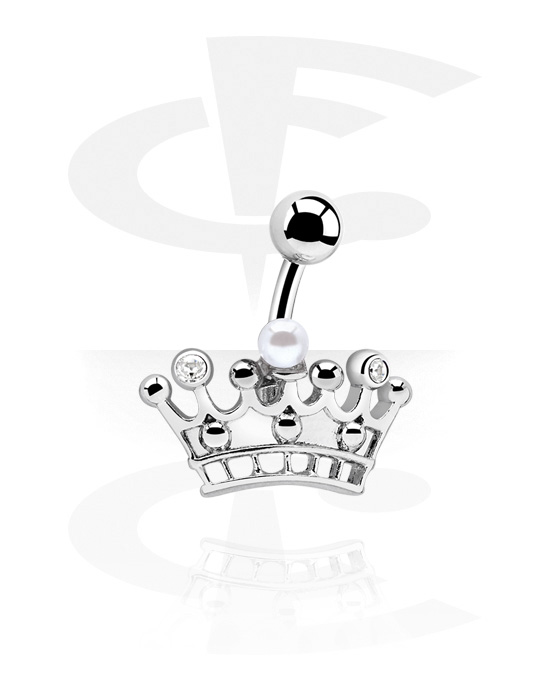 Zaobljene šipkice, Prsten za pupak (kirurški čelik, srebrna, sjajna završna obrada) s dodatkom krune i kristalnim kamenjem, Kirurški čelik 316L