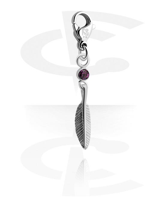 Charms, Charm for Charm Bracelet with feather design and crystal stone in various colours, Plated Brass